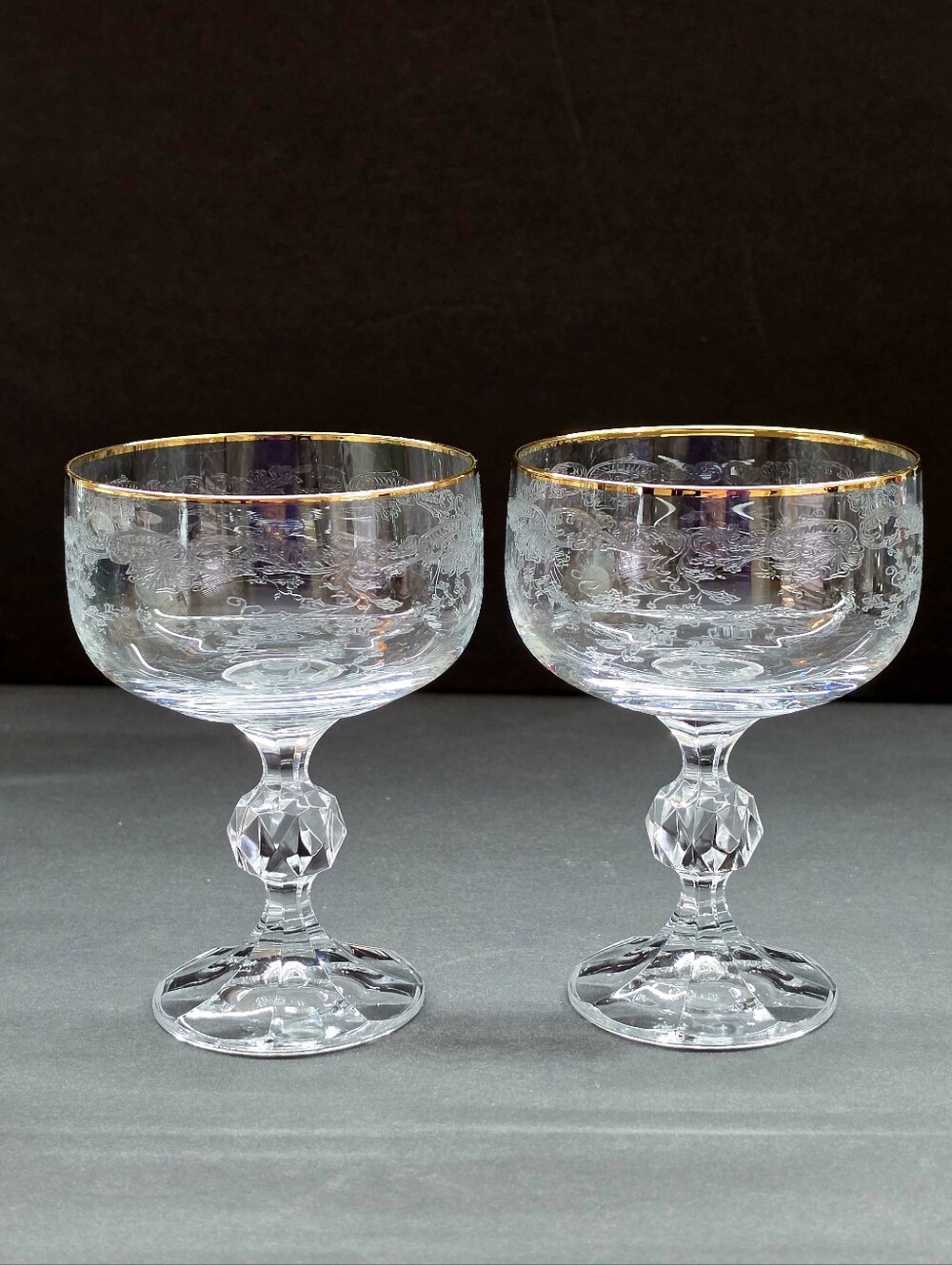 Vtg Czech Bohemia Etched Crystal Queen's Lace 22ct Gold Trim  Champagne Glasses